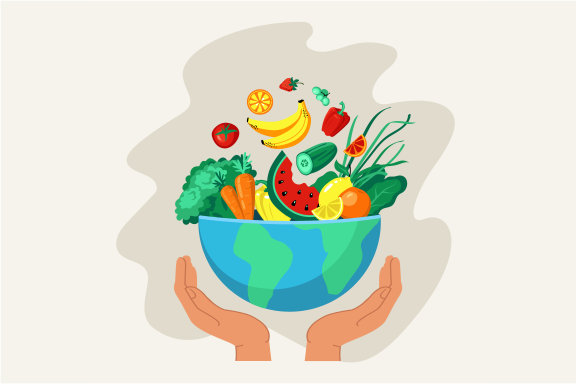 Illustration of fruit in a world-shaped bowl, held up by 2 hands