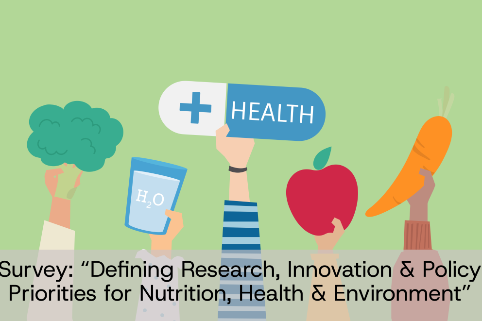 Hands holding up vegetables, fruit, water, and health; text "Survey: “Defining Research, Innovation &amp; Policy Priorities for Nutrition, Health &amp; Environment”"